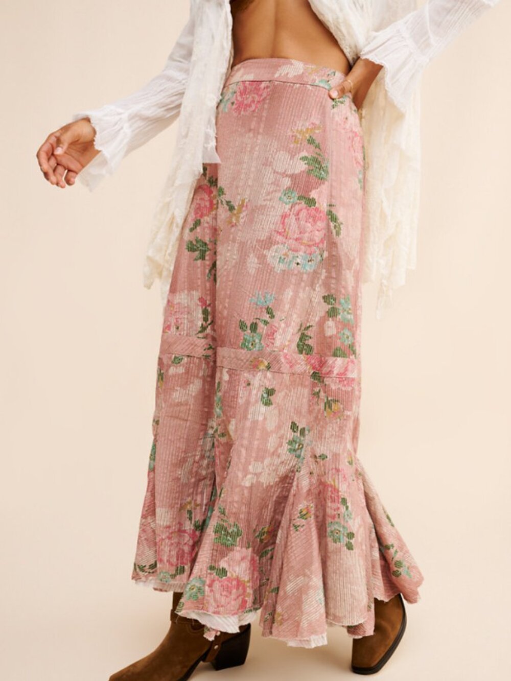 Free People Ethereal Dainty Cottage Bordeaux Floral Flounce Maxi Skirt S - Picture 3 of 5